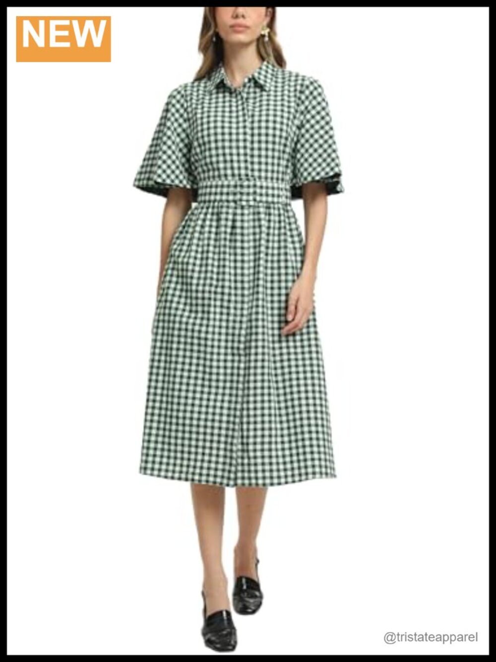 Plaid Button Down Midi Shirt Dress Cape Sleeves Belted